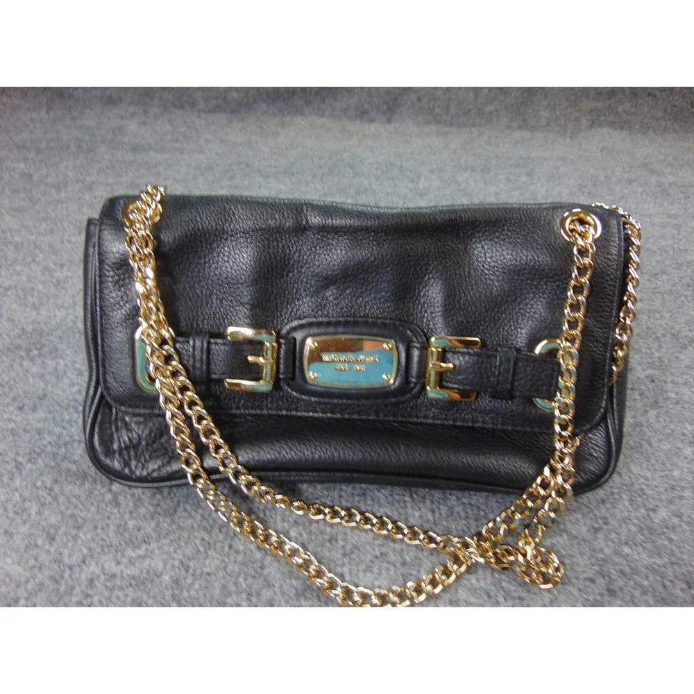 Michael Kors Bedford Black Leather‎ Gold Chain Strap Flap Clutch Crossbody Bag